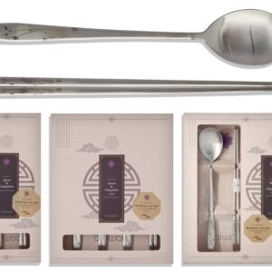 BALWOO [1 Set] [Made in Korea] Orchid Design Korean Style Sticky Rice Spoon Chopsticks Set Silverware Set 304 Stainless Steel Cutlery Set Soup Spoon Ramen Chopsticks Flatware (1 Set)