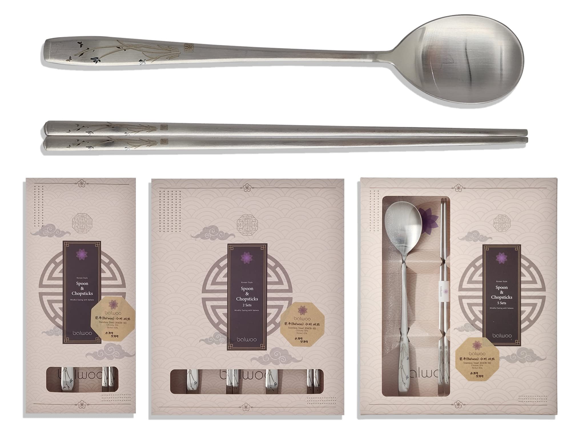 BALWOO [1 Set] [Made in Korea] Orchid Design Korean Style Sticky Rice Spoon Chopsticks Set Silverware Set 304 Stainless Steel Cutlery Set Soup Spoon Ramen Chopsticks Flatware (1 Set)