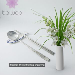 BALWOO [1 Set] [Made in Korea] Orchid Design Korean Style Sticky Rice Spoon Chopsticks Set Silverware Set 304 Stainless Steel Cutlery Set Soup Spoon Ramen Chopsticks Flatware (1 Set)