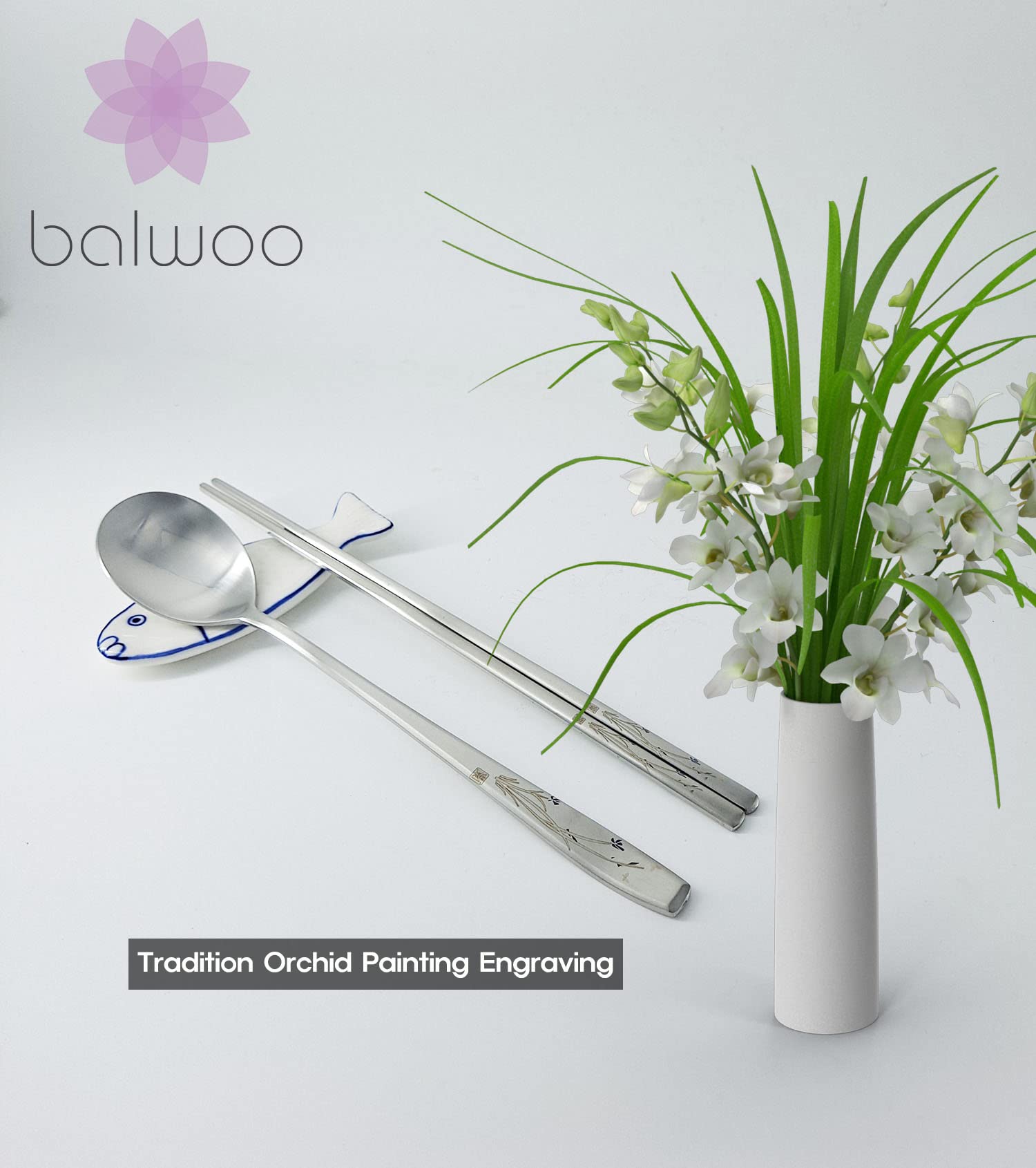 BALWOO [1 Set] [Made in Korea] Orchid Design Korean Style Sticky Rice Spoon Chopsticks Set Silverware Set 304 Stainless Steel Cutlery Set Soup Spoon Ramen Chopsticks Flatware (1 Set)
