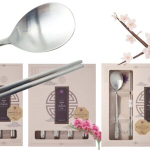 BALWOO [1 Set] [Made in Korea] Orchid Design Korean Style Sticky Rice Spoon Chopsticks Set Silverware Set 304 Stainless Steel Cutlery Set Soup Spoon Ramen Chopsticks Flatware (1 Set)