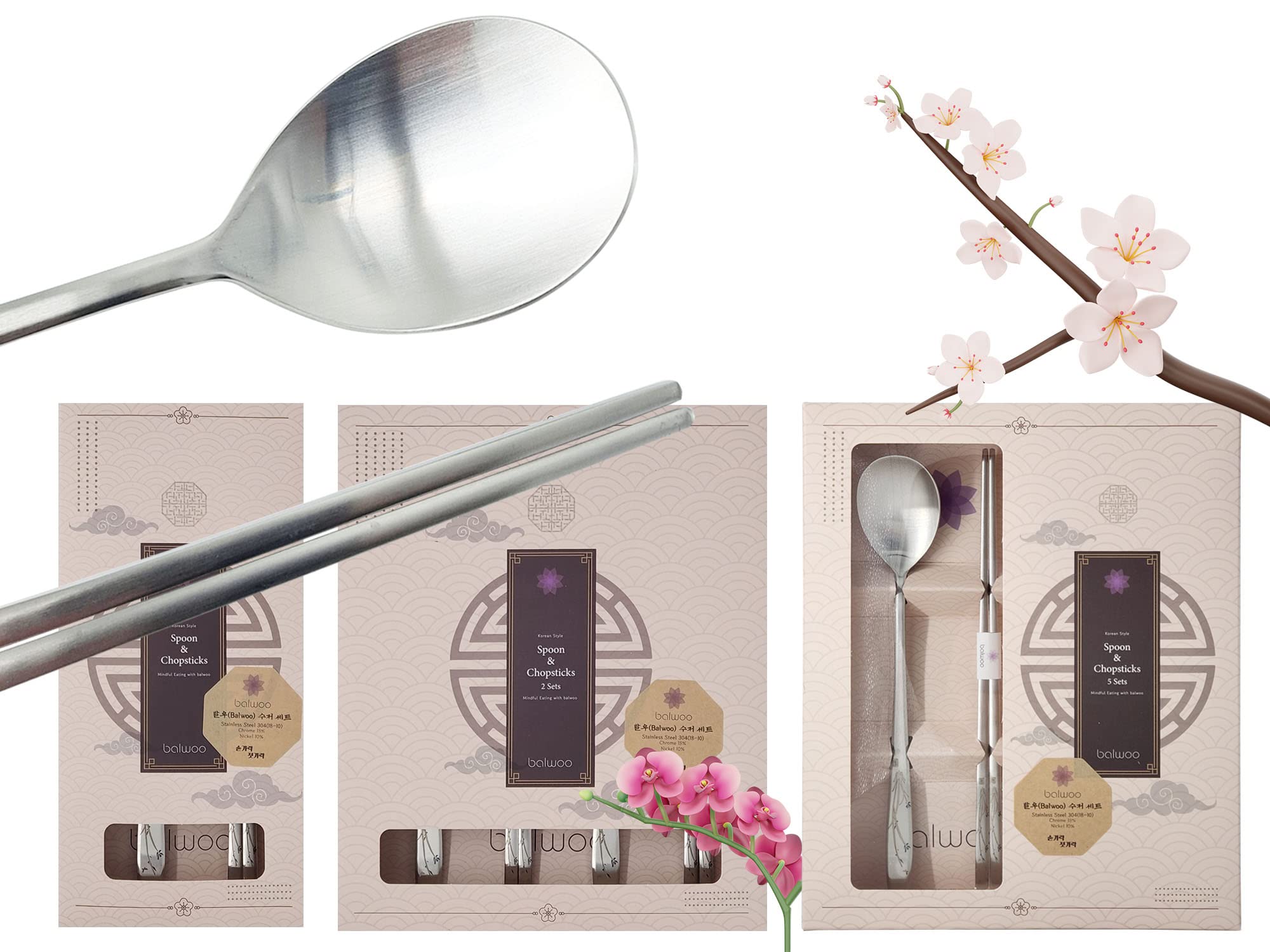 BALWOO [1 Set] [Made in Korea] Orchid Design Korean Style Sticky Rice Spoon Chopsticks Set Silverware Set 304 Stainless Steel Cutlery Set Soup Spoon Ramen Chopsticks Flatware (1 Set)