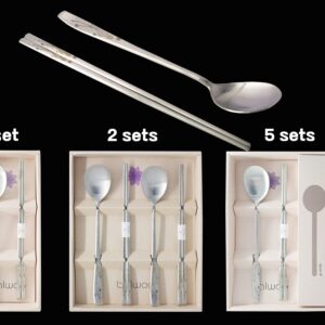 BALWOO [1 Set] [Made in Korea] Orchid Design Korean Style Sticky Rice Spoon Chopsticks Set Silverware Set 304 Stainless Steel Cutlery Set Soup Spoon Ramen Chopsticks Flatware (1 Set)