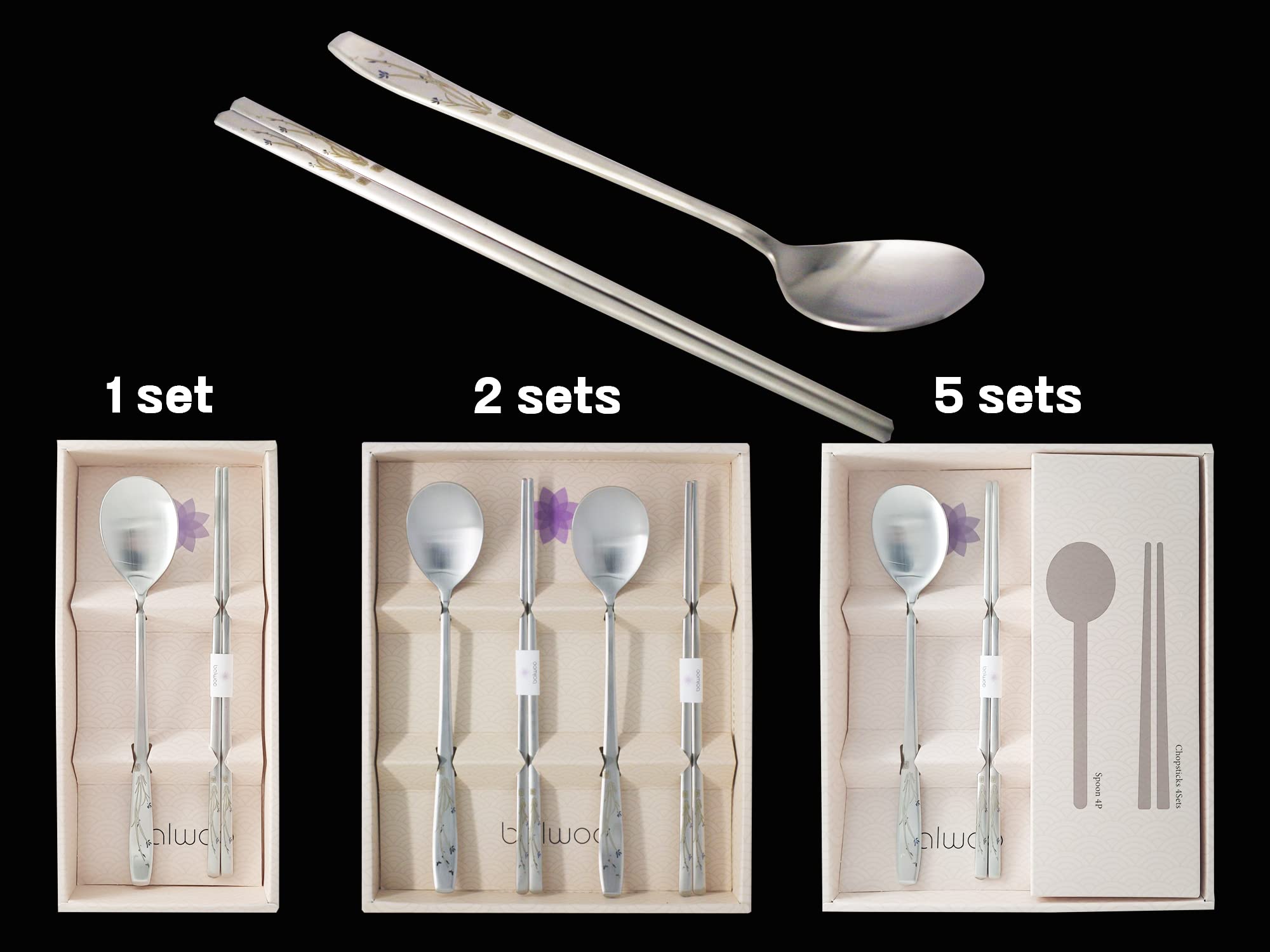 BALWOO [1 Set] [Made in Korea] Orchid Design Korean Style Sticky Rice Spoon Chopsticks Set Silverware Set 304 Stainless Steel Cutlery Set Soup Spoon Ramen Chopsticks Flatware (1 Set)