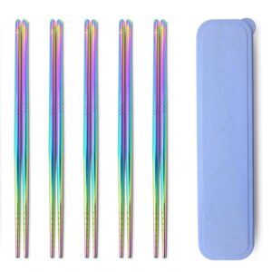 rainbow 304 stainless steel chopsticks -reusable multicolor lightweight stainless steel polished chopsticks - metal chopsticks 5 pairs set with case as present gift fit kitchen dinner (round rainbow)
