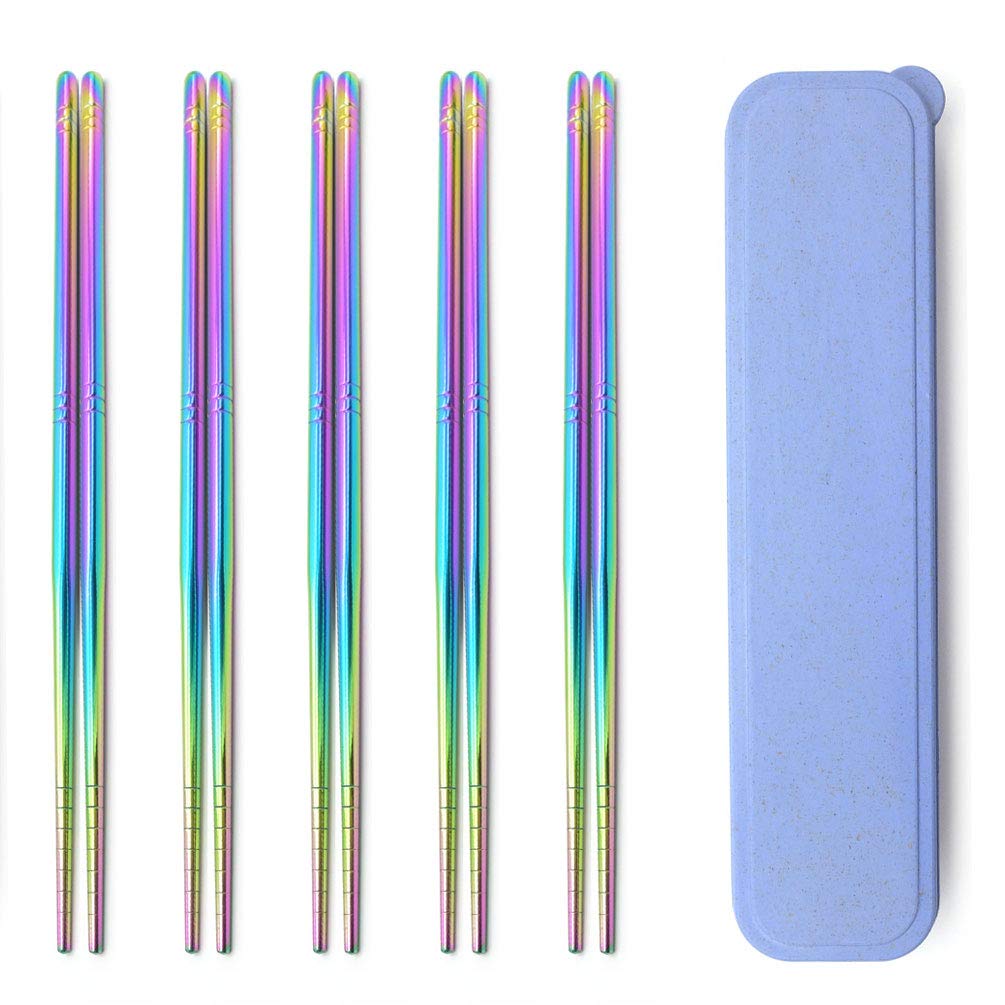 Rainbow 304 Stainless Steel Chopsticks -Reusable Multicolor Lightweight Stainless Steel Polished Chopsticks - Metal Chopsticks 5 Pairs Set with Case as Present Gift Fit Kitchen Dinner (Round Rainbow)