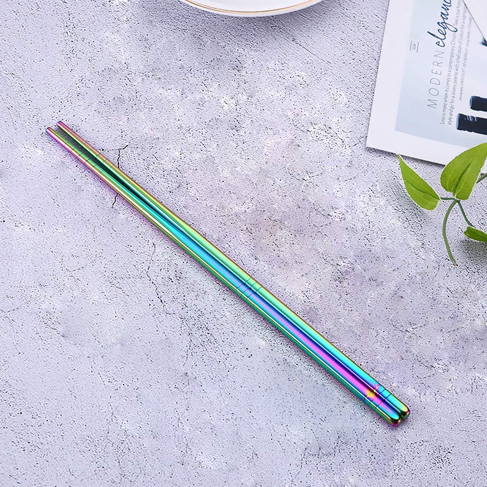 Rainbow 304 Stainless Steel Chopsticks -Reusable Multicolor Lightweight Stainless Steel Polished Chopsticks - Metal Chopsticks 5 Pairs Set with Case as Present Gift Fit Kitchen Dinner (Round Rainbow)