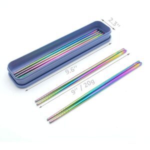 Rainbow 304 Stainless Steel Chopsticks -Reusable Multicolor Lightweight Stainless Steel Polished Chopsticks - Metal Chopsticks 5 Pairs Set with Case as Present Gift Fit Kitchen Dinner (Round Rainbow)