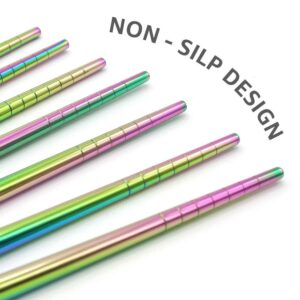 Rainbow 304 Stainless Steel Chopsticks -Reusable Multicolor Lightweight Stainless Steel Polished Chopsticks - Metal Chopsticks 5 Pairs Set with Case as Present Gift Fit Kitchen Dinner (Round Rainbow)