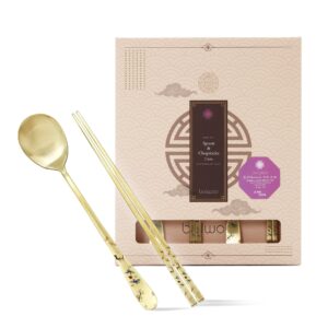balwoo [2 sets] [made in korea] crane painting design korean table sticky rice spoon and chopsticks 304 stainless steel gold titanium plated mukbang cutlery