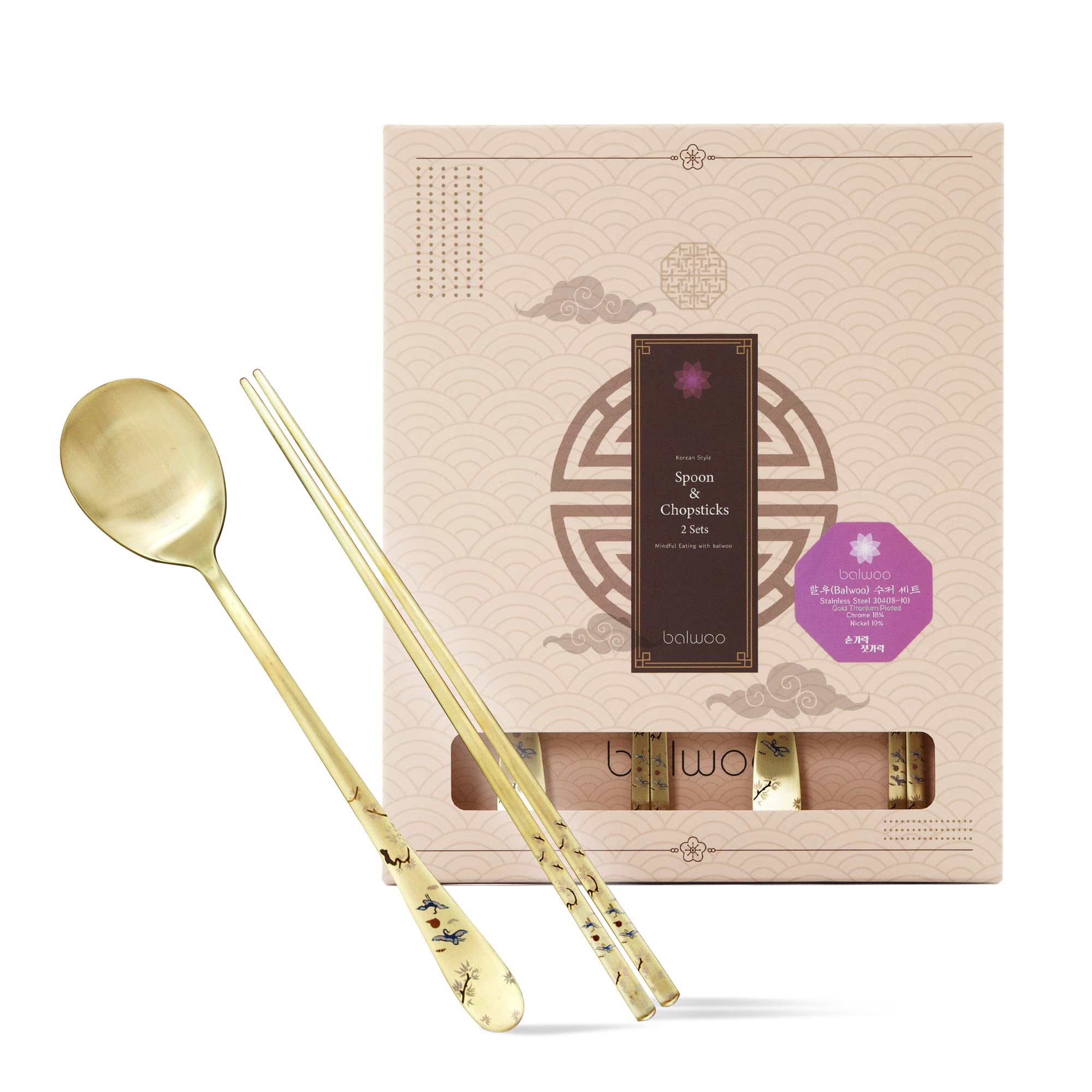 BALWOO [2 Sets] [Made in Korea] Crane Painting Design Korean Table Sticky Rice Spoon and Chopsticks 304 Stainless Steel Gold Titanium Plated Mukbang Cutlery