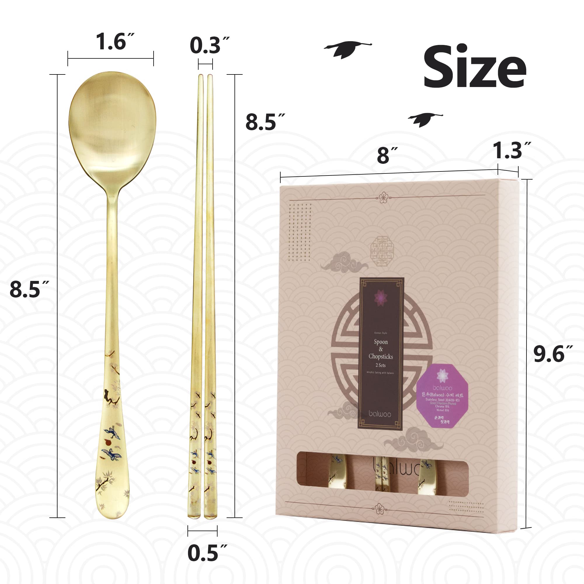 BALWOO [2 Sets] [Made in Korea] Crane Painting Design Korean Table Sticky Rice Spoon and Chopsticks 304 Stainless Steel Gold Titanium Plated Mukbang Cutlery