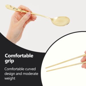 BALWOO [2 Sets] [Made in Korea] Crane Painting Design Korean Table Sticky Rice Spoon and Chopsticks 304 Stainless Steel Gold Titanium Plated Mukbang Cutlery