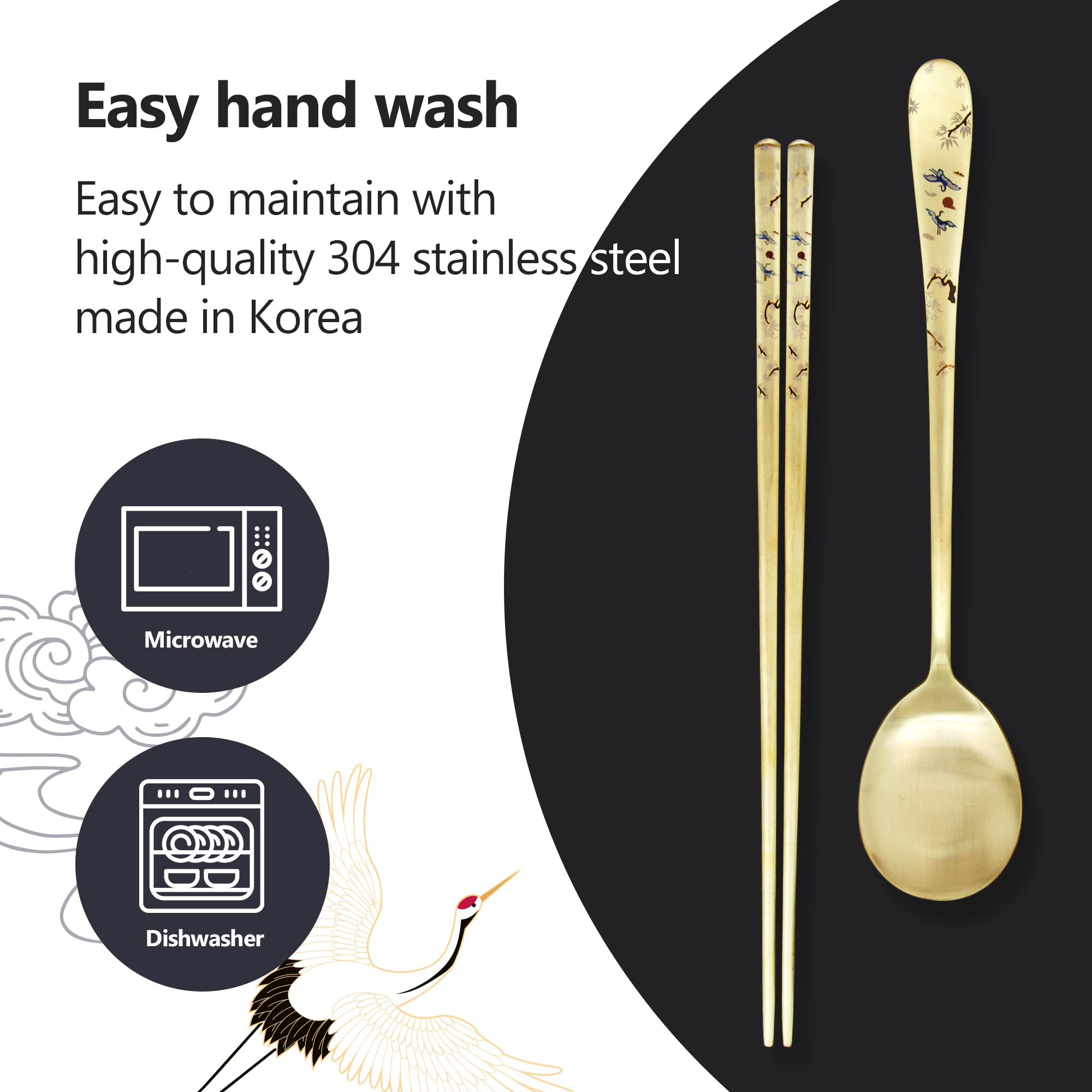 BALWOO [2 Sets] [Made in Korea] Crane Painting Design Korean Table Sticky Rice Spoon and Chopsticks 304 Stainless Steel Gold Titanium Plated Mukbang Cutlery