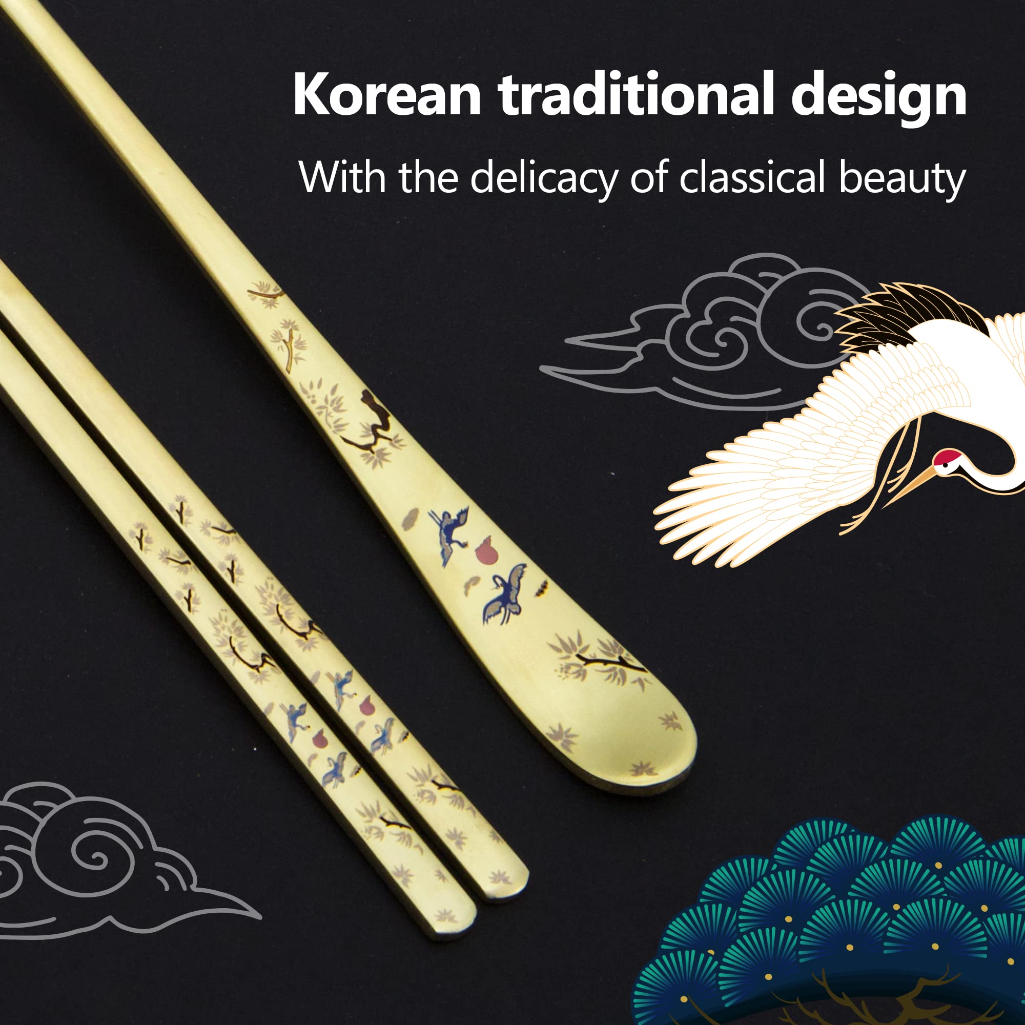 BALWOO [2 Sets] [Made in Korea] Crane Painting Design Korean Table Sticky Rice Spoon and Chopsticks 304 Stainless Steel Gold Titanium Plated Mukbang Cutlery