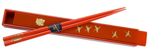 Red Japanese Chopsticks & Box Set with Longevity and Cranes; Set of 1 Pair Chopsticks and 1 Box