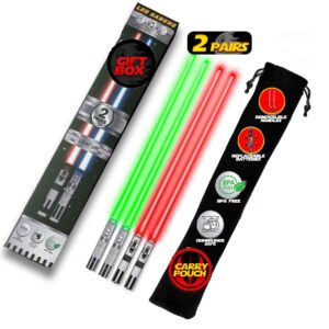 Lightsaber Chopsticks Light Up - LED Glowing Light Saber Chop Sticks - Reusable Sushi Lightup Sabers Chopstick Set Of 2 Pairs - Green & Red