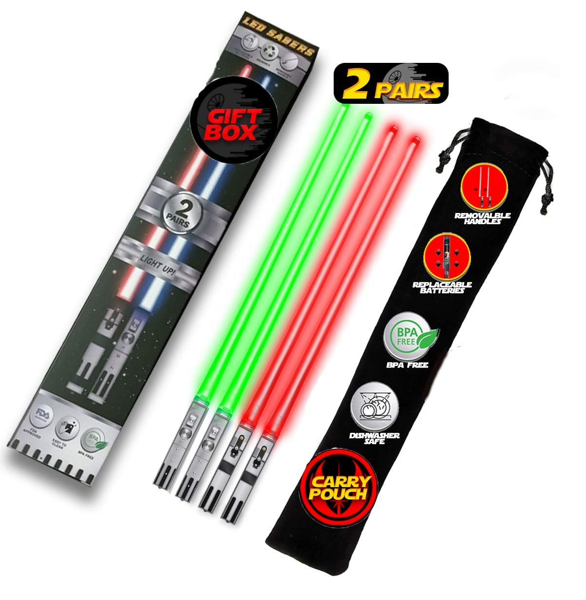 Lightsaber Chopsticks Light Up - LED Glowing Light Saber Chop Sticks - Reusable Sushi Lightup Sabers Chopstick Set Of 2 Pairs - Green & Red