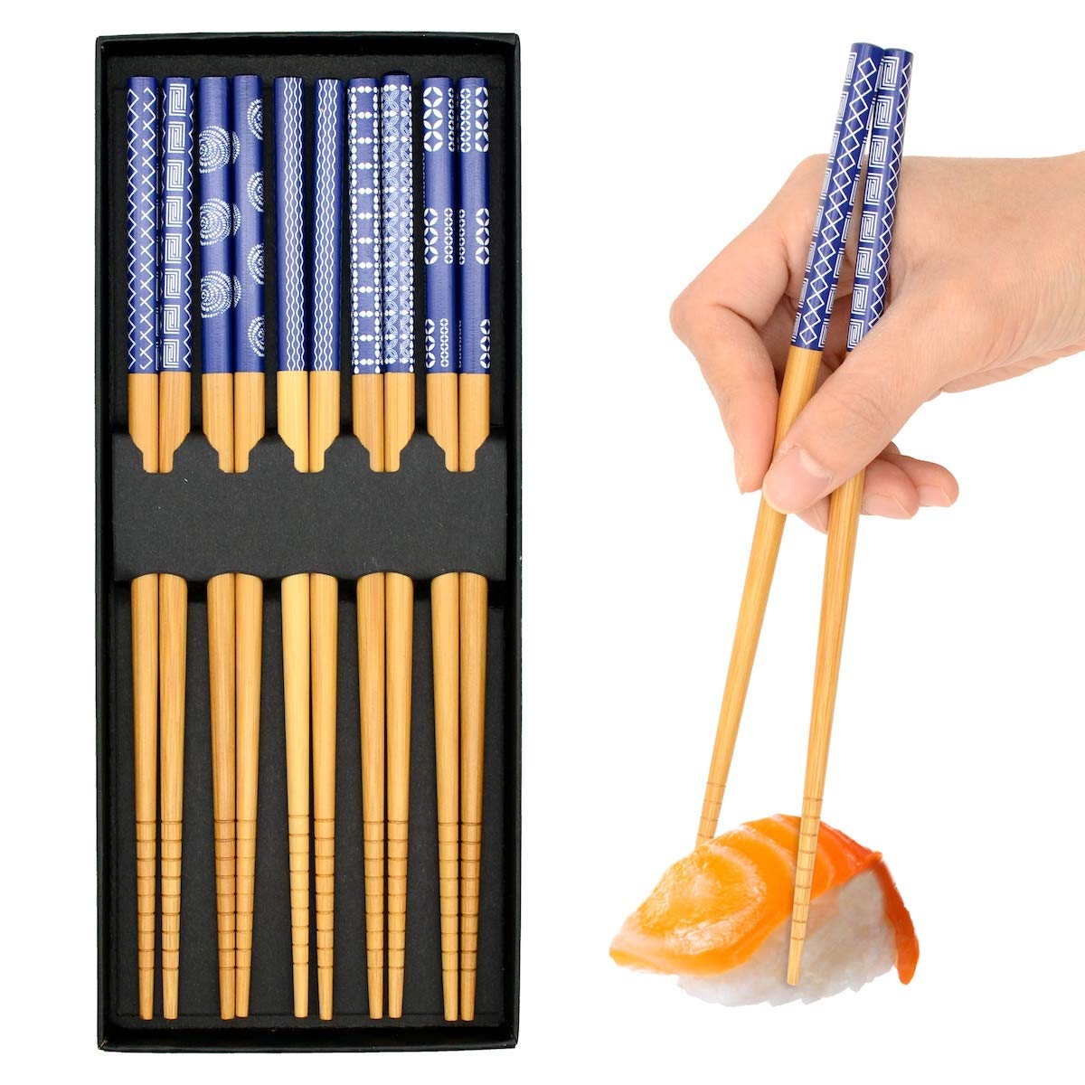 OMyTea Chopsticks Reusable - Japanese Bamboo Chopsticks 5 Pairs Gift Sets, 8.9 Inch/22.5cm, for Sushi, Ramen, Noodles, Rice, Travel, Camping (Japanese Blue)