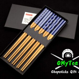 OMyTea Chopsticks Reusable - Japanese Bamboo Chopsticks 5 Pairs Gift Sets, 8.9 Inch/22.5cm, for Sushi, Ramen, Noodles, Rice, Travel, Camping (Japanese Blue)