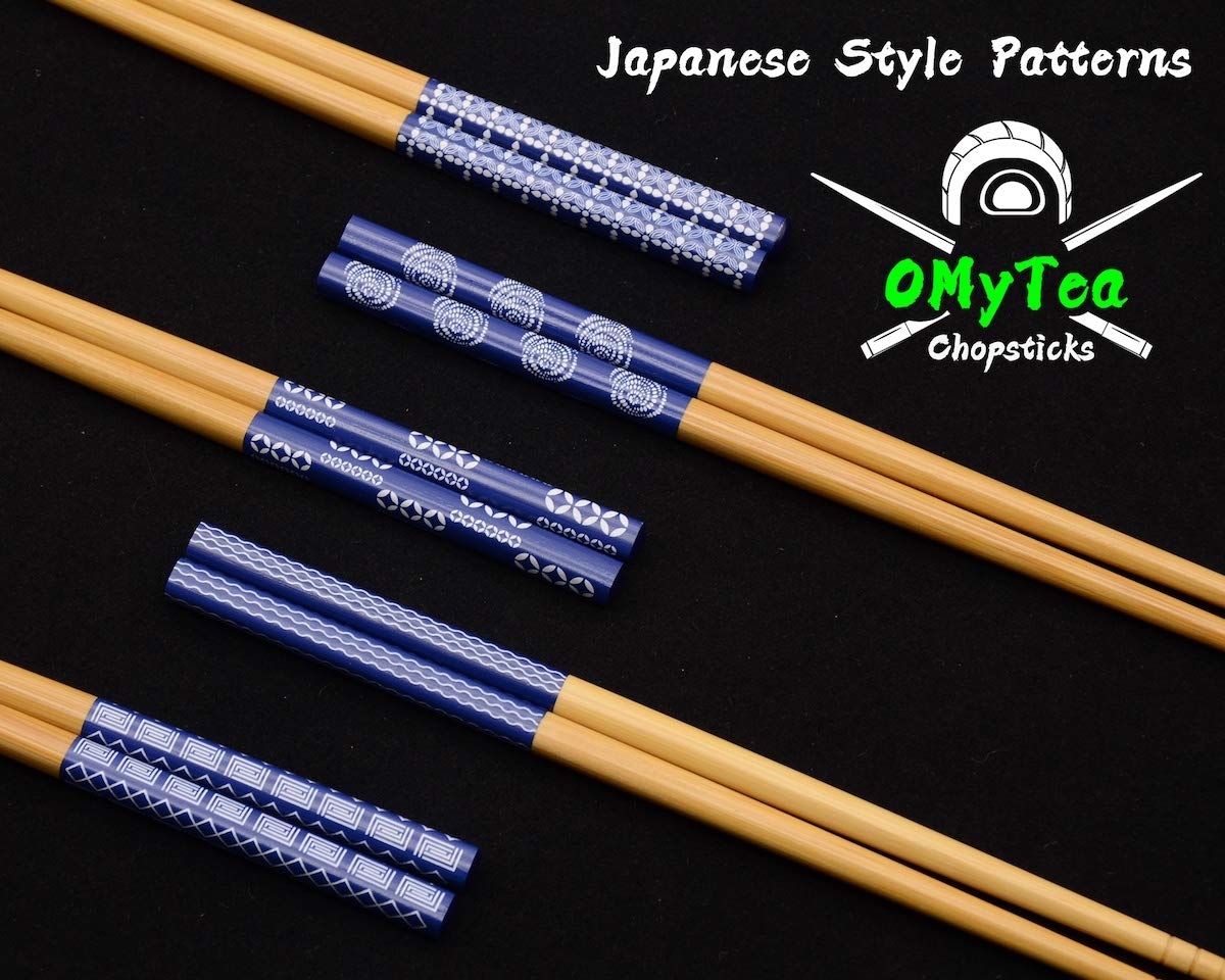 OMyTea Chopsticks Reusable - Japanese Bamboo Chopsticks 5 Pairs Gift Sets, 8.9 Inch/22.5cm, for Sushi, Ramen, Noodles, Rice, Travel, Camping (Japanese Blue)