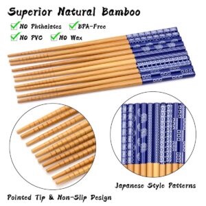 OMyTea Chopsticks Reusable - Japanese Bamboo Chopsticks 5 Pairs Gift Sets, 8.9 Inch/22.5cm, for Sushi, Ramen, Noodles, Rice, Travel, Camping (Japanese Blue)