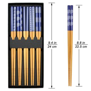 OMyTea Chopsticks Reusable - Japanese Bamboo Chopsticks 5 Pairs Gift Sets, 8.9 Inch/22.5cm, for Sushi, Ramen, Noodles, Rice, Travel, Camping (Japanese Blue)