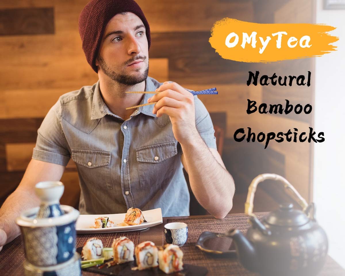 OMyTea Chopsticks Reusable - Japanese Bamboo Chopsticks 5 Pairs Gift Sets, 8.9 Inch/22.5cm, for Sushi, Ramen, Noodles, Rice, Travel, Camping (Japanese Blue)