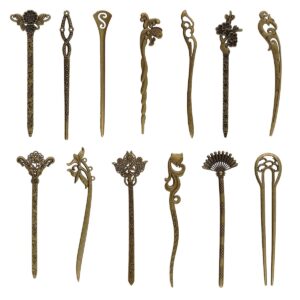 13pcs bronze hair sticks vintage chinese hair chopsticks retro hair forks for women bun maker hair pins for women long hair chignon maker hair accessories