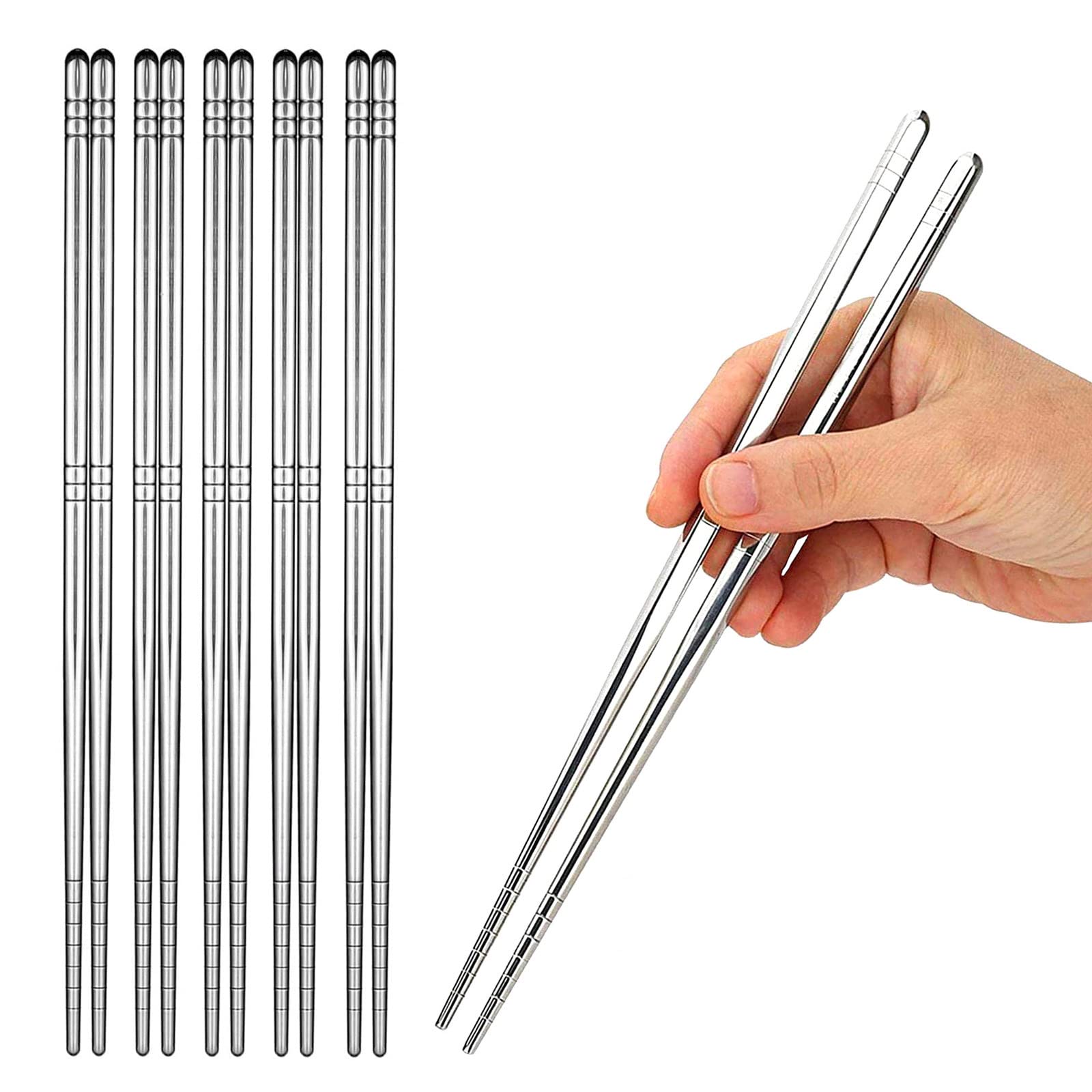 SARYHHGKIT Metal Chopsticks 5 Pairs Set, High Quality 9.8in Stainless Steel Chopsticks , Reusable Chopsticks, Dishwasher Safe, Korean Chopsticks for Dinner, Sushi Night, Silver