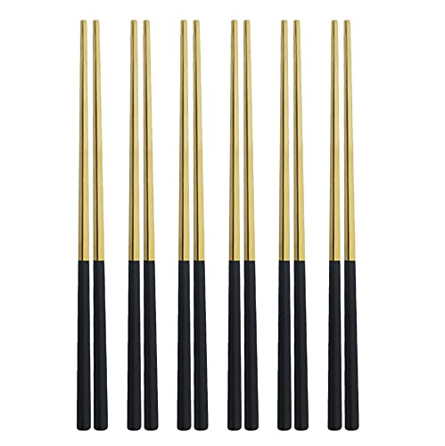 6Pair 23cm Chopsticks 304 Stainless Steel Square Chinese Silver Metal Chopstick Reusable Chop Stick Kitchen Tools (Color : Black Gold)