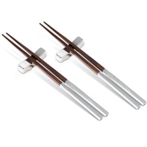 natico originals silver metal and wood chopsticks set | set of 2 pairs w/ 2 rests | gift set, gift packaged | reusable (60-603set)