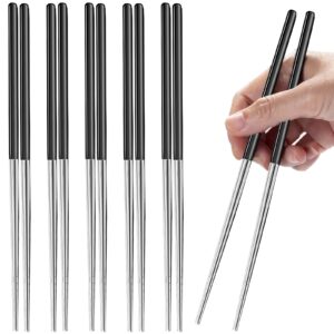 5 pairs stainless steel chopsticks, slivek reusable premium lightweight 304 metal chopsticks dishwasher safe, non-slip, lightweight, 9.05 inches (black silver)