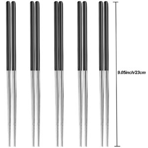 5 Pairs Stainless Steel Chopsticks, Slivek Reusable Premium Lightweight 304 Metal Chopsticks Dishwasher Safe, Non-slip, Lightweight, 9.05 inches (Black Silver)