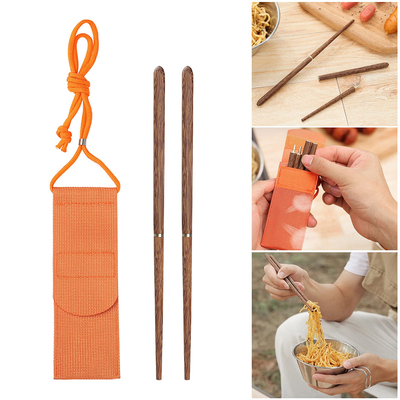 Fenteer Stainless Steel Chopsticks Screw in/Apart Reusable Travel Foldable Chopsticks with Pouch, Full Wood