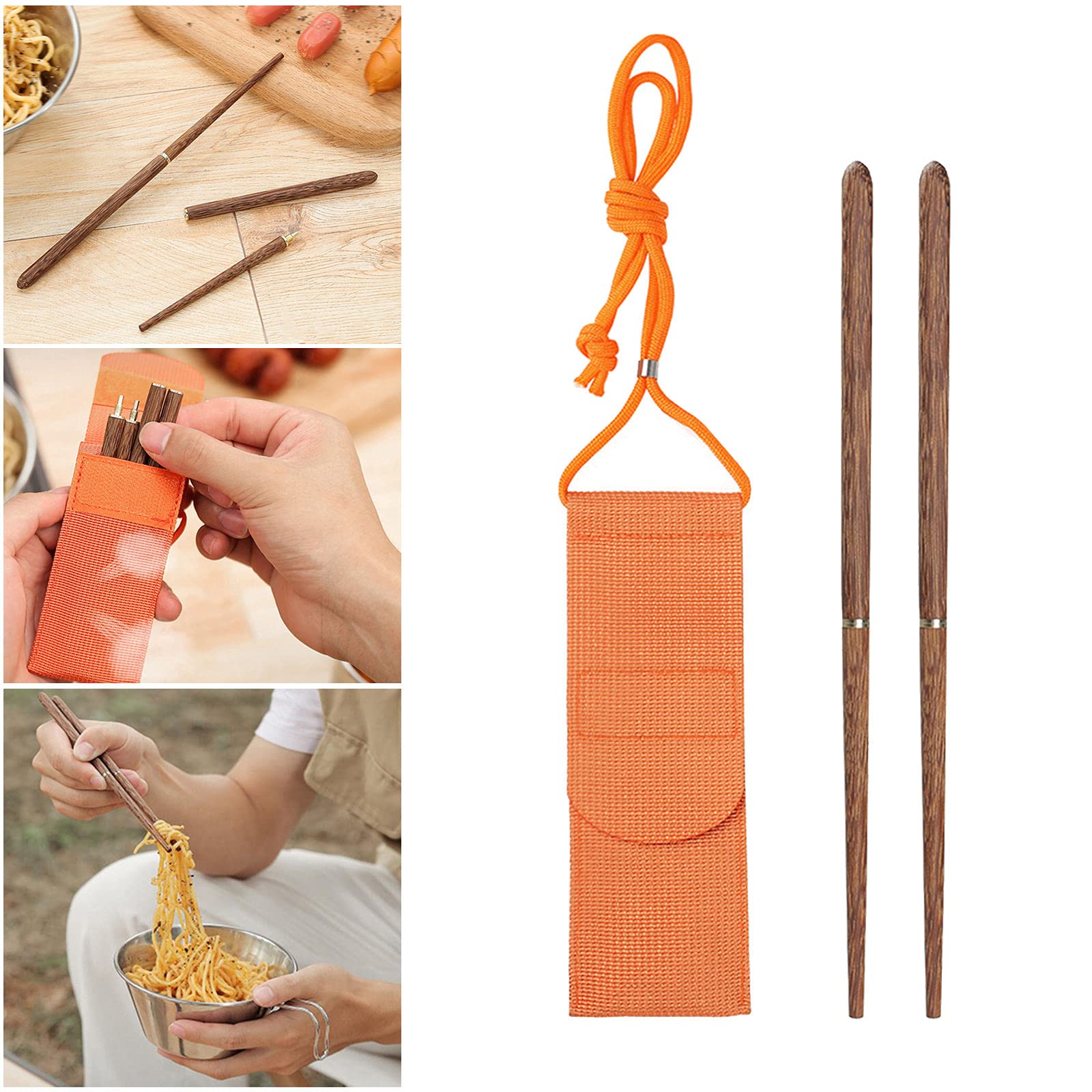 Fenteer Stainless Steel Chopsticks Screw in/Apart Reusable Travel Foldable Chopsticks with Pouch, Full Wood