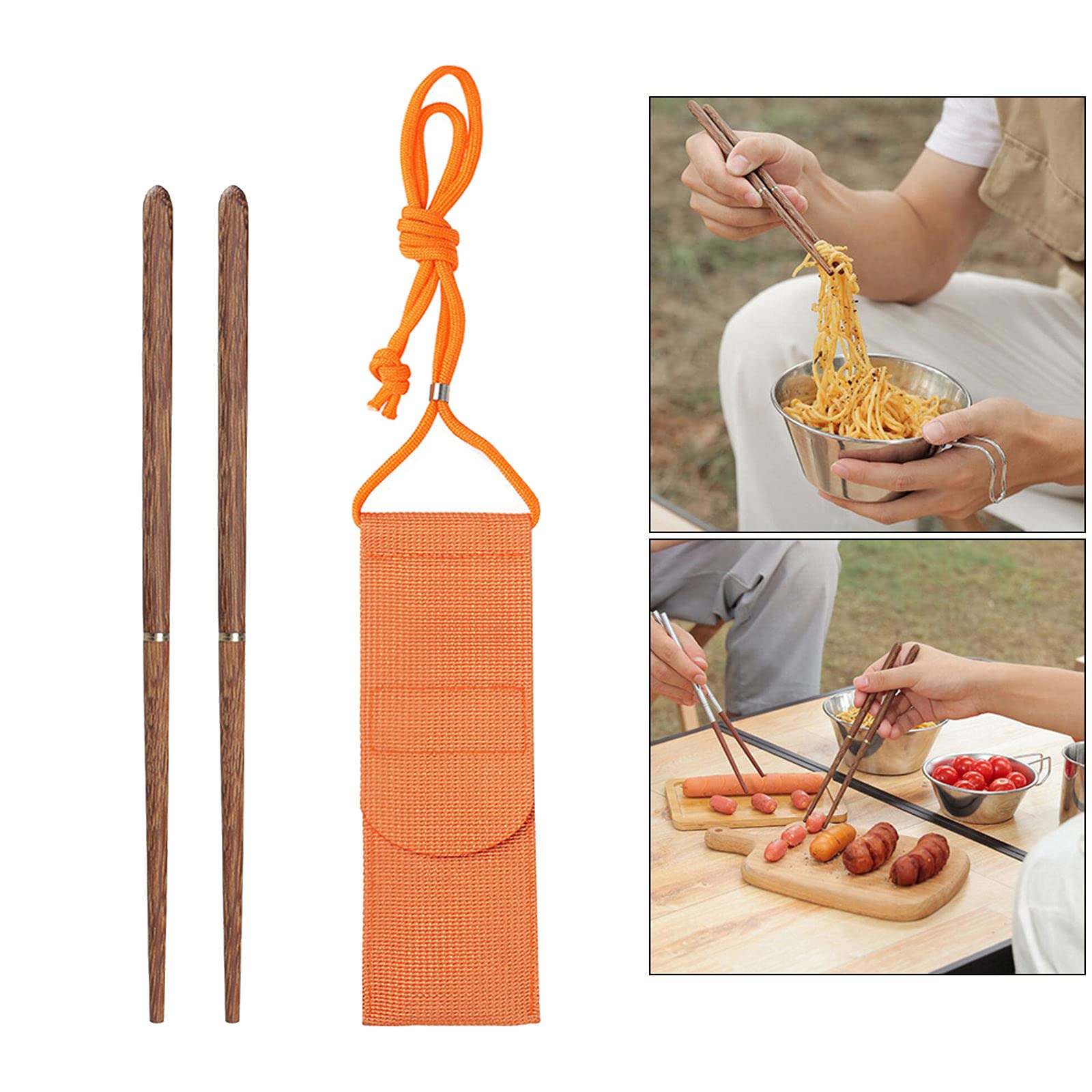 Fenteer Stainless Steel Chopsticks Screw in/Apart Reusable Travel Foldable Chopsticks with Pouch, Full Wood