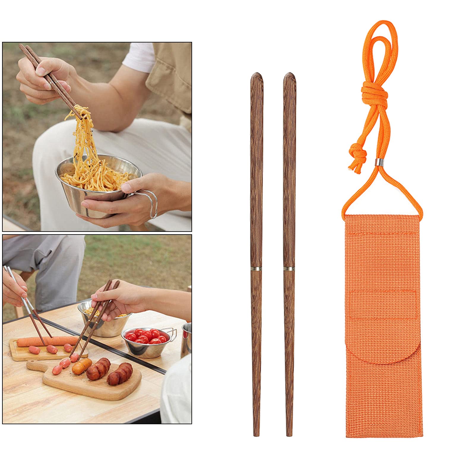 Fenteer Stainless Steel Chopsticks Screw in/Apart Reusable Travel Foldable Chopsticks with Pouch, Full Wood