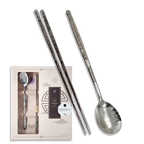 BALWOO 5 Sets Crane Engraving Design Korean Table Sticky Rice Spoon and Chopsticks Mukbang Cutlery 430 Stainless Steel