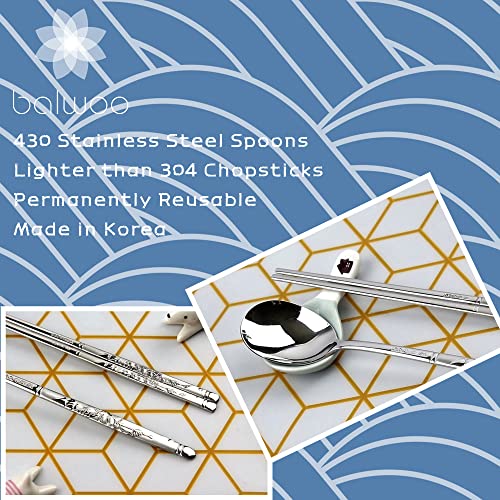 BALWOO 5 Sets Crane Engraving Design Korean Table Sticky Rice Spoon and Chopsticks Mukbang Cutlery 430 Stainless Steel