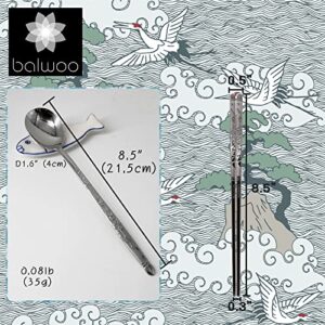 BALWOO 5 Sets Crane Engraving Design Korean Table Sticky Rice Spoon and Chopsticks Mukbang Cutlery 430 Stainless Steel