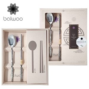 BALWOO 5 Sets Crane Engraving Design Korean Table Sticky Rice Spoon and Chopsticks Mukbang Cutlery 430 Stainless Steel