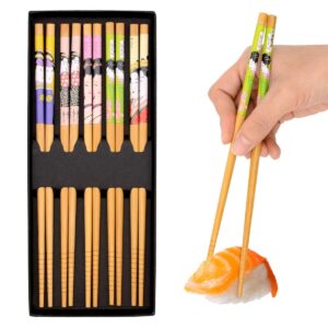 omytea chopsticks reusable - japanese bamboo chopsticks 5 pairs gift sets, 8.9 inch/22.5cm, for sushi, ramen, noodles, rice, camping, travel (geisha girl)