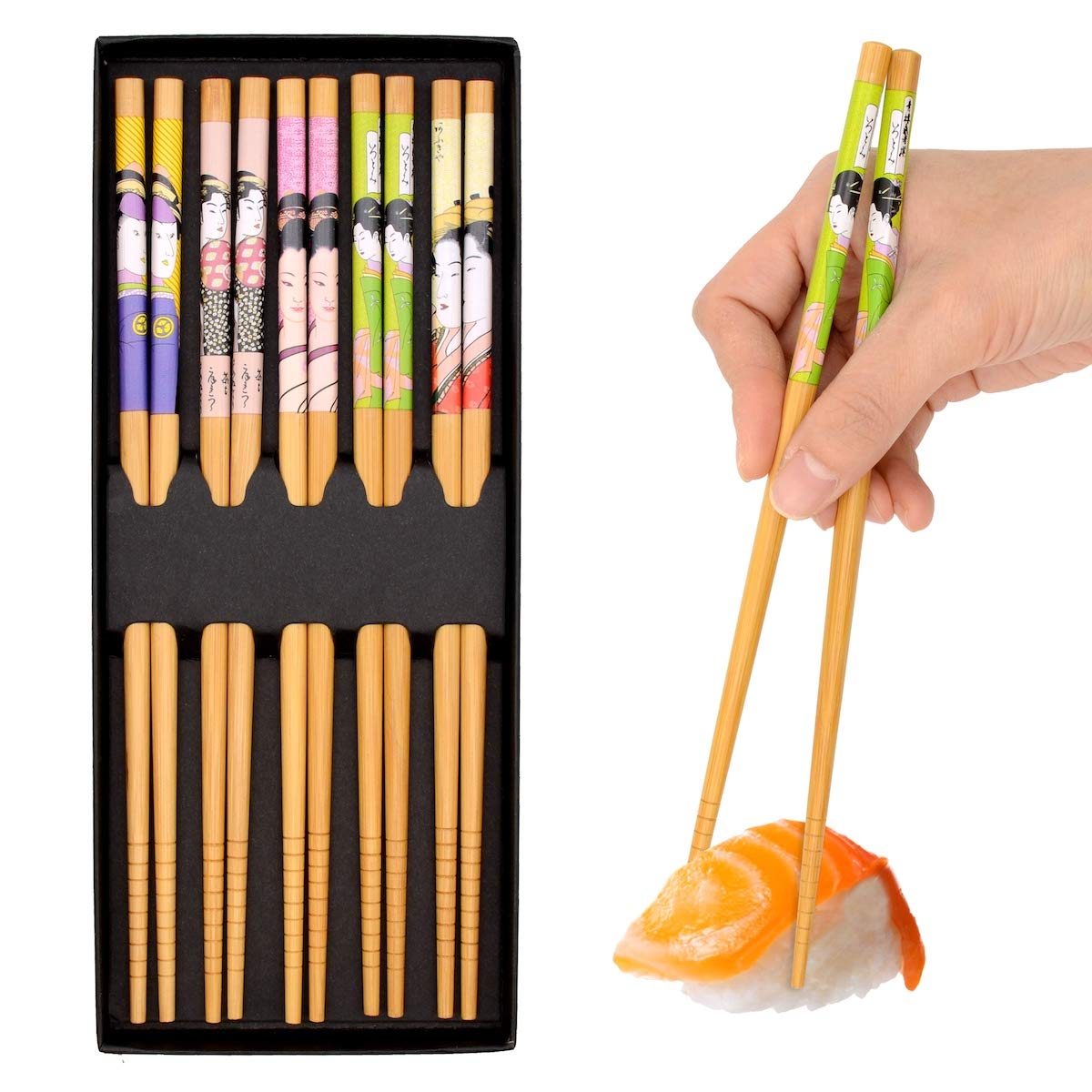 OMyTea Chopsticks Reusable - Japanese Bamboo Chopsticks 5 Pairs Gift Sets, 8.9 Inch/22.5cm, for Sushi, Ramen, Noodles, Rice, Camping, Travel (Geisha Girl)