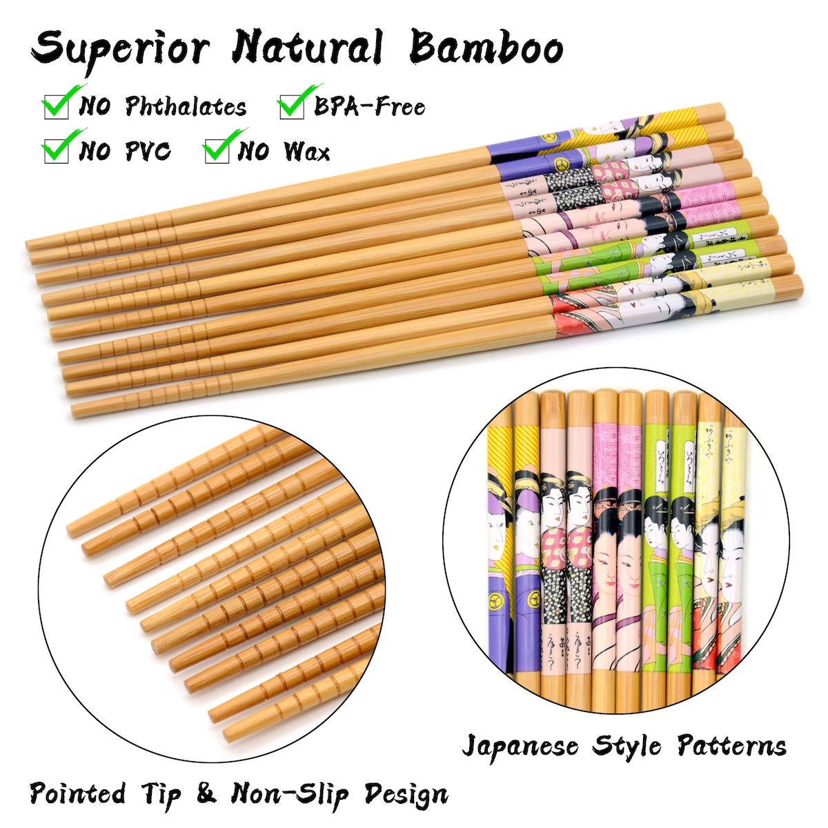 OMyTea Chopsticks Reusable - Japanese Bamboo Chopsticks 5 Pairs Gift Sets, 8.9 Inch/22.5cm, for Sushi, Ramen, Noodles, Rice, Camping, Travel (Geisha Girl)