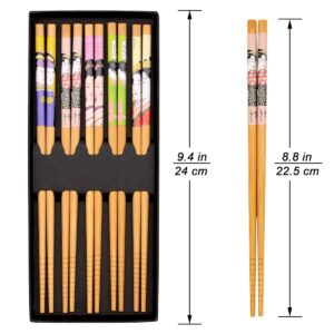 OMyTea Chopsticks Reusable - Japanese Bamboo Chopsticks 5 Pairs Gift Sets, 8.9 Inch/22.5cm, for Sushi, Ramen, Noodles, Rice, Camping, Travel (Geisha Girl)