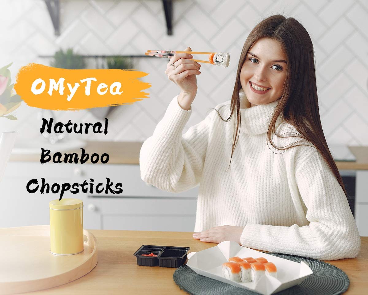 OMyTea Chopsticks Reusable - Japanese Bamboo Chopsticks 5 Pairs Gift Sets, 8.9 Inch/22.5cm, for Sushi, Ramen, Noodles, Rice, Camping, Travel (Geisha Girl)