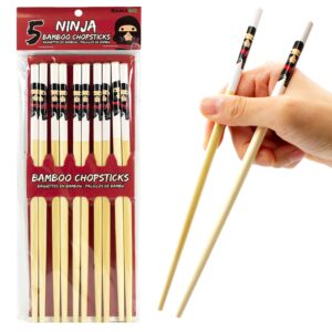 gamago ninja bamboo chopsticks set-5 pairs of adorably cute reusable chop-sticks-easy grip, lightweight, durable, 9.25 inches, red