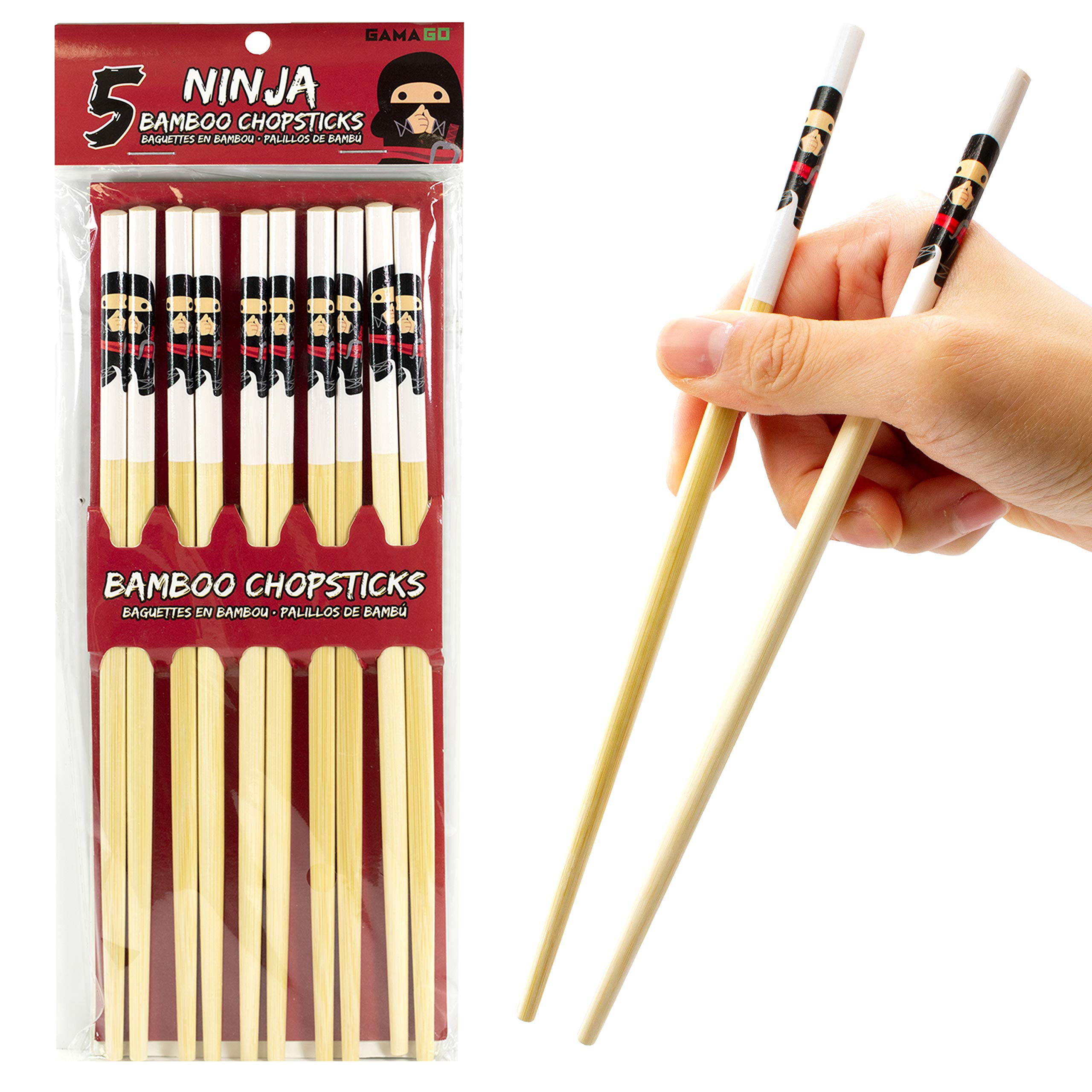 GAMAGO Ninja Bamboo Chopsticks Set-5 Pairs of Adorably Cute Reusable Chop-Sticks-Easy Grip, Lightweight, Durable, 9.25 Inches, Red