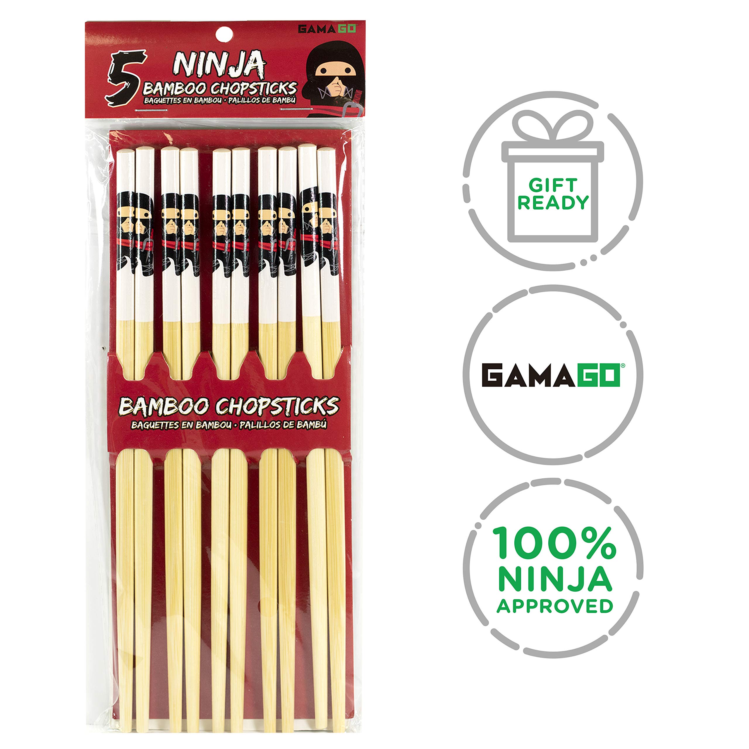 GAMAGO Ninja Bamboo Chopsticks Set-5 Pairs of Adorably Cute Reusable Chop-Sticks-Easy Grip, Lightweight, Durable, 9.25 Inches, Red